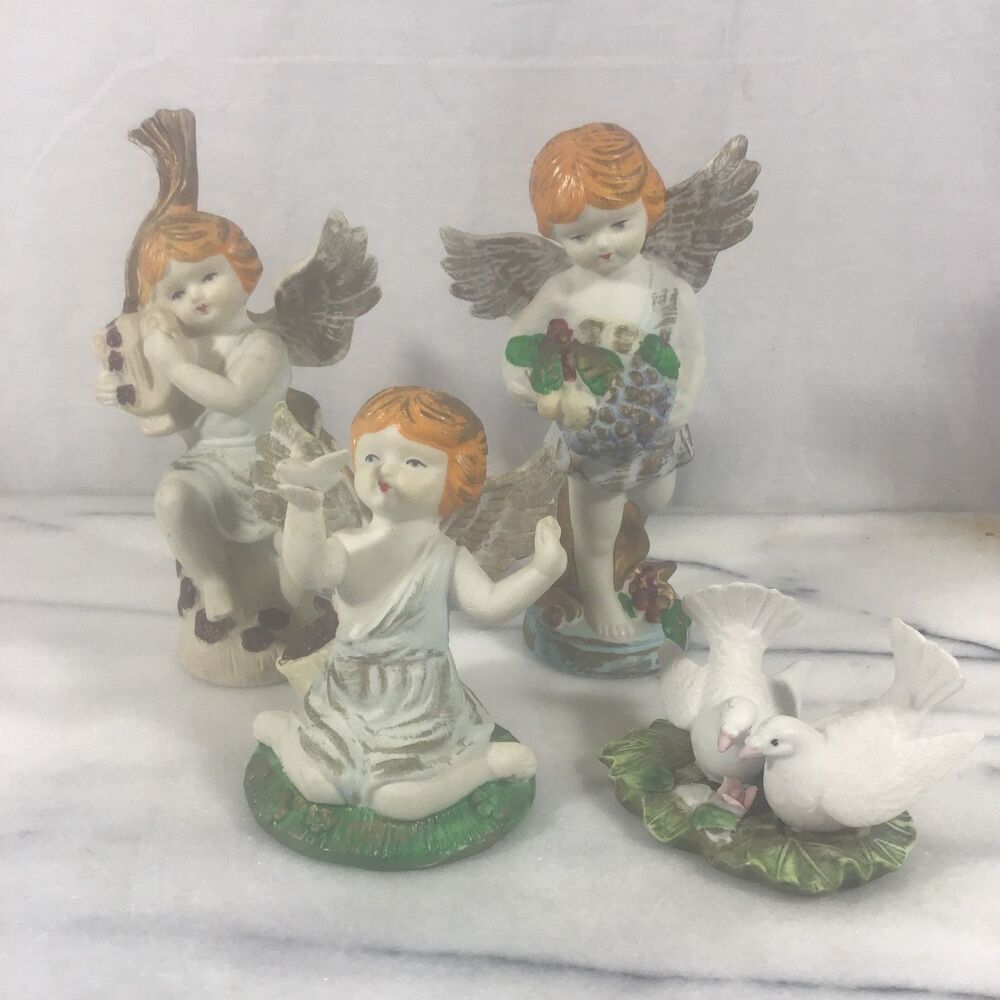 VTG Bisque Porcelain Cherub Angel & Dove Figurines Lot of 4 Mid Century Decor